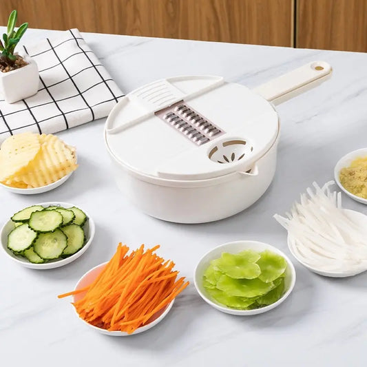 Multi-functional 9-in-1 cutter: grater, slicer, shredder, salad utensil.